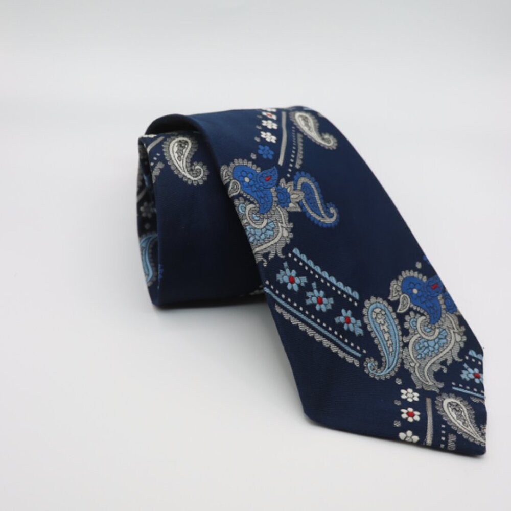 Vintage Christian Dior Paisley Necktie Blue Red White Diagonal Stripe